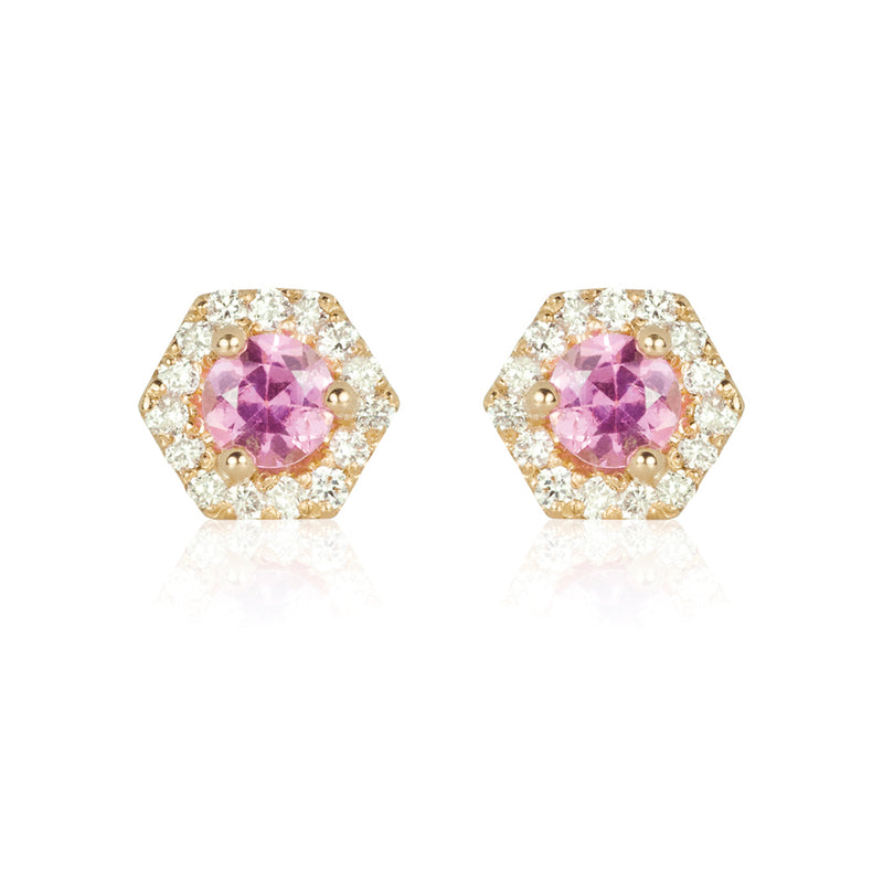 PETRA Mini Pink Sapphire Diamond Halo Studs in 18k Gold