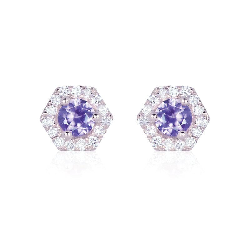 PETRA Mini Purple Sapphire Hexagon Diamond Halo Stud Earrings in 18k Gold