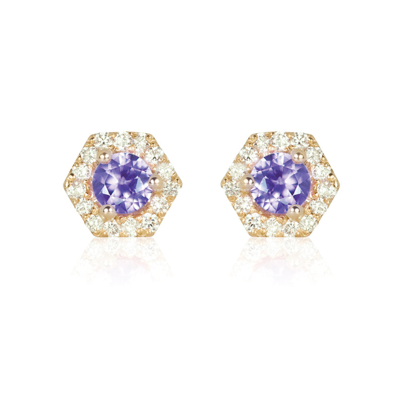 PETRA Mini Purple Sapphire Hexagon Diamond Halo Stud Earrings in 18k Gold 