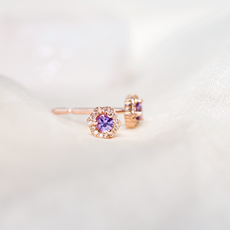 PETRA Mini Purple Sapphire Hexagon Diamond Halo Stud Earrings in 18k Gold
