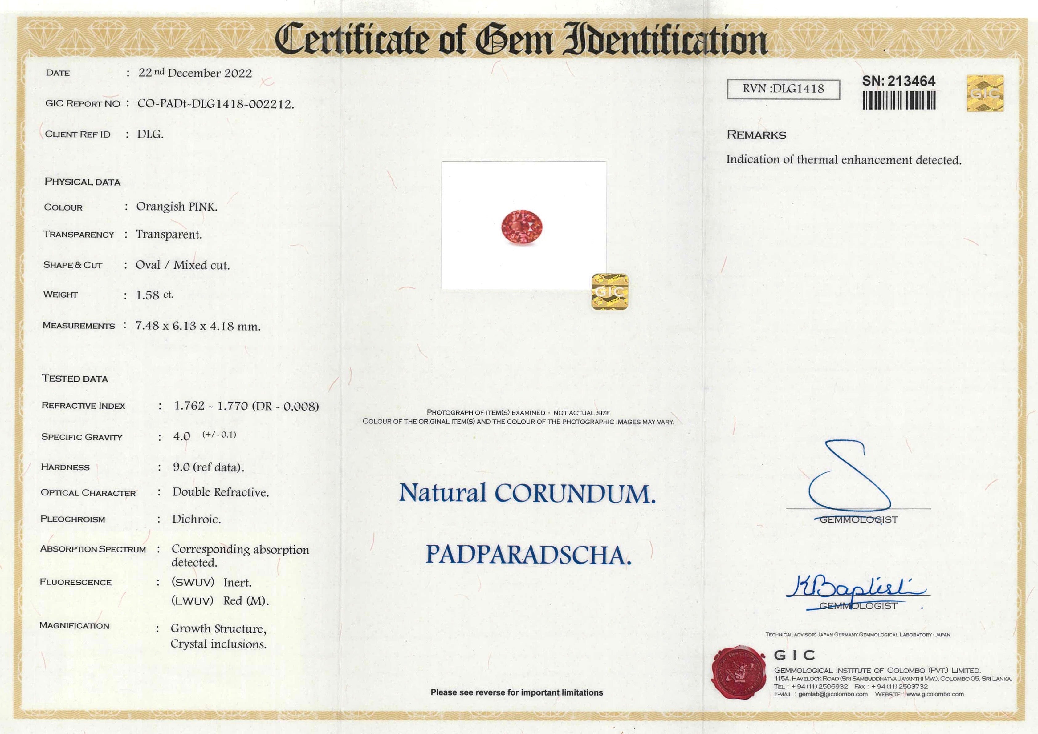 1.58 ct Padparadscha Sapphire Oval Shape  Natural Heated Gems