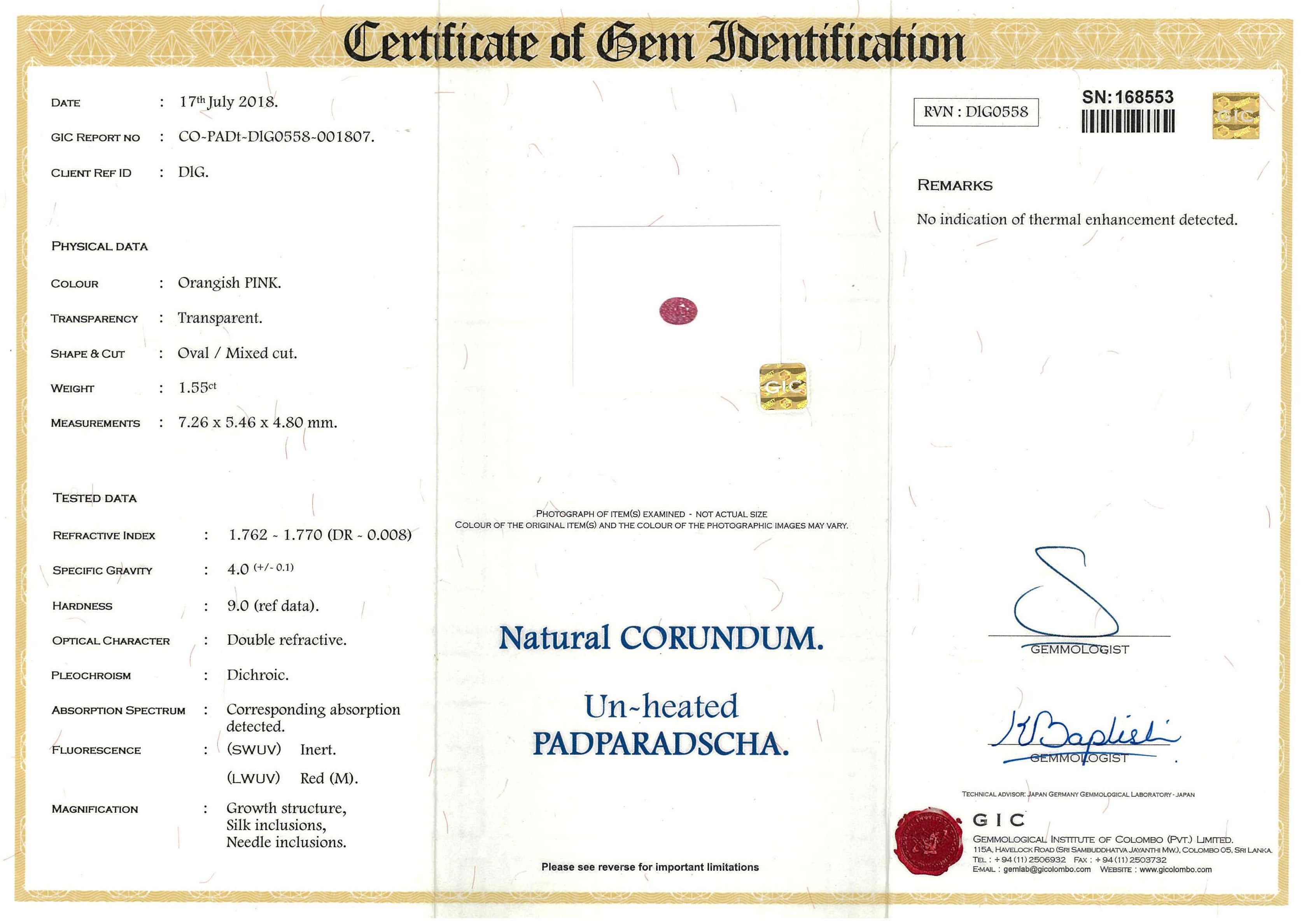 1.55 ct Oval Padparadscha Sapphire Certified Unheated