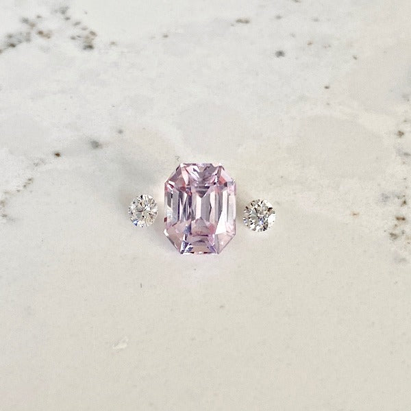Emerald Cut Pink Sapphire with 3mm diamonds