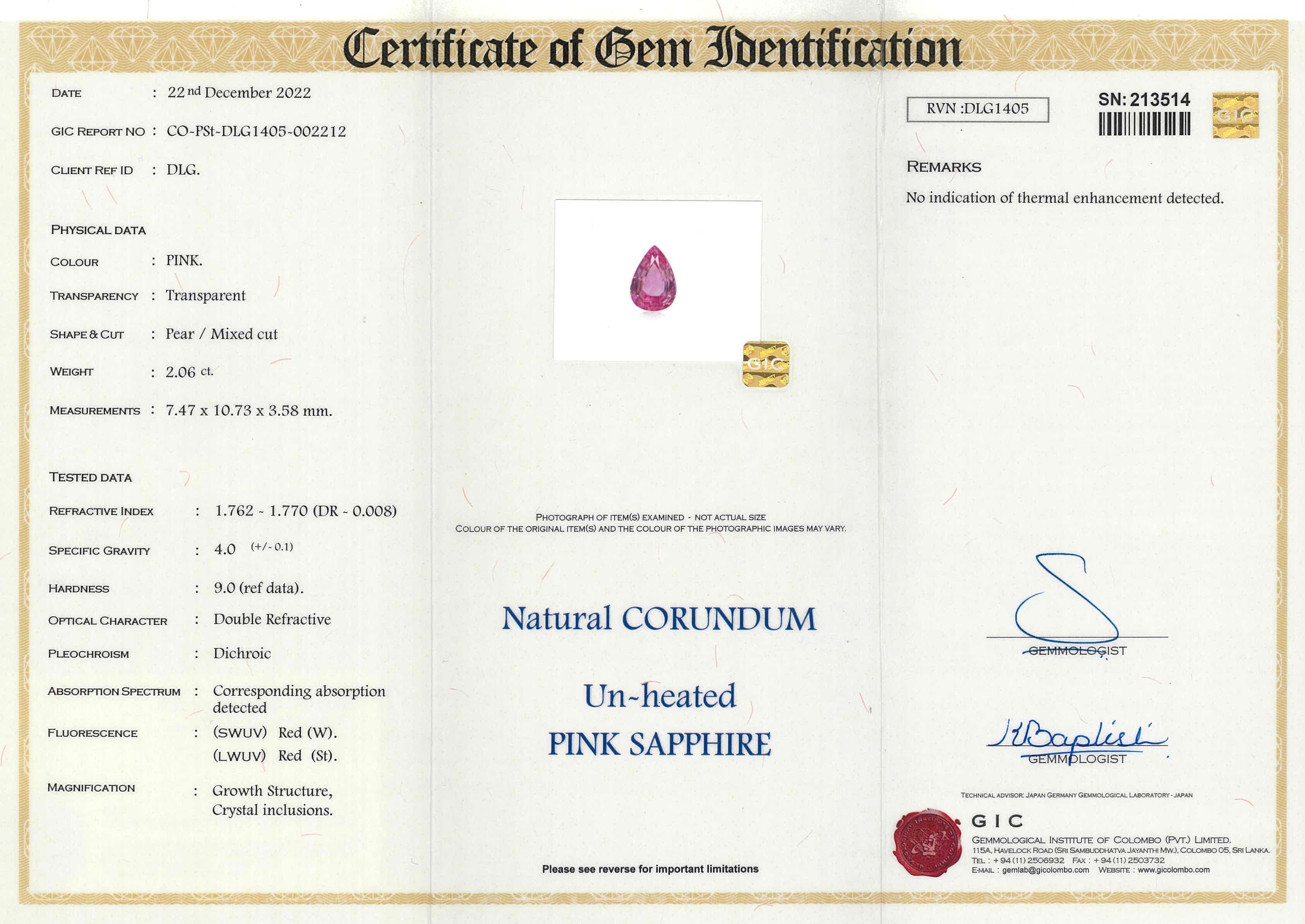 2.06 ct Pink Sapphire Pear Shape Natural Unheated Gemstone