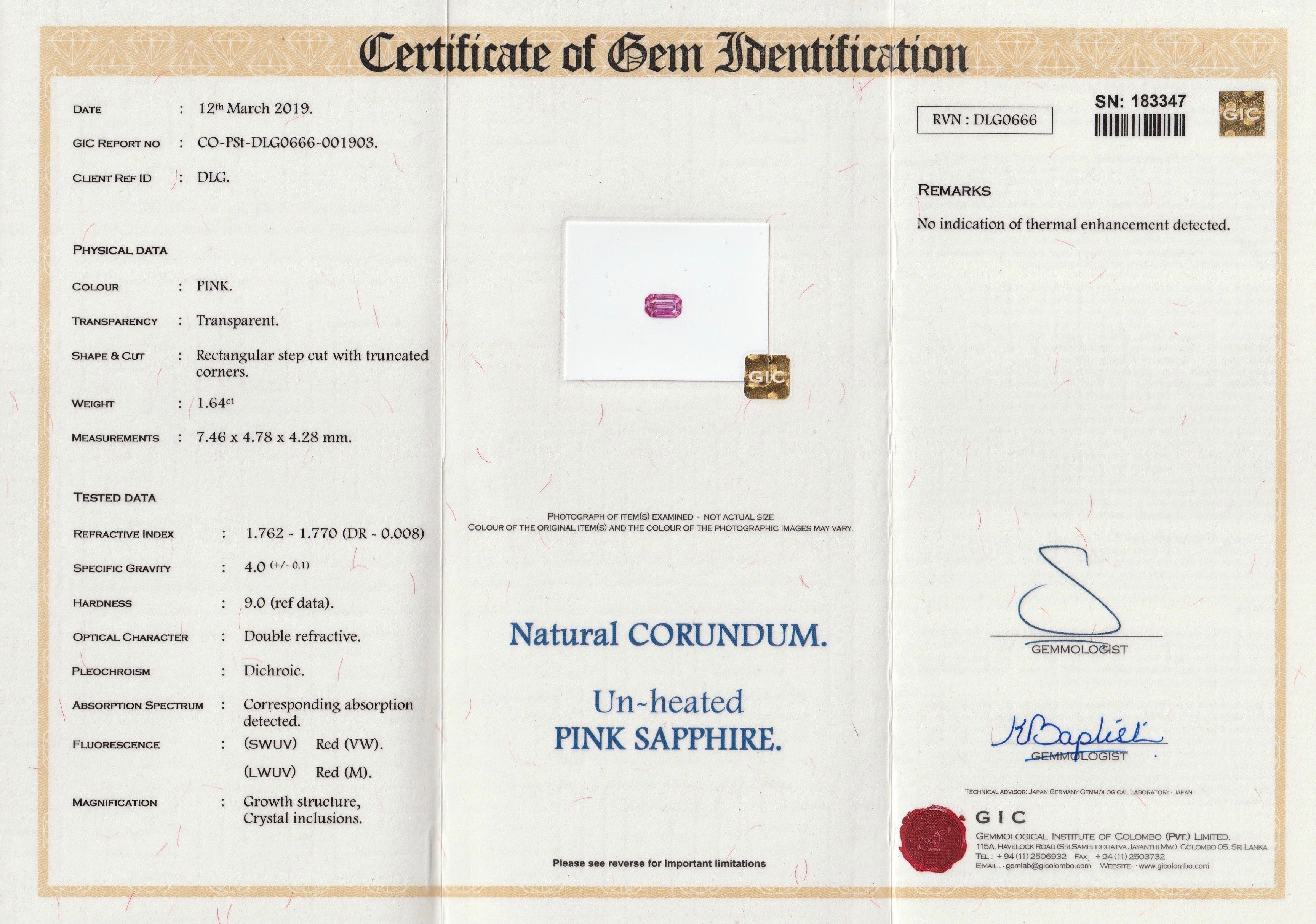 1.64 ct Emerald Cut Vivid Pink Sapphire Certified Unheated