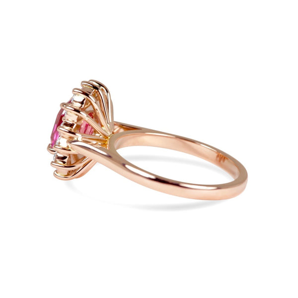 Cushion Pink Sapphire Engagement Ring with Starburst Diamond Halo