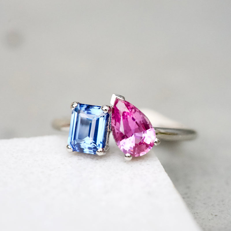 Rose Gold Bezel Set Dark Blue Topaz with Surrounding Pink Sapphire Rin –  Christina Addison Jewelry Designs