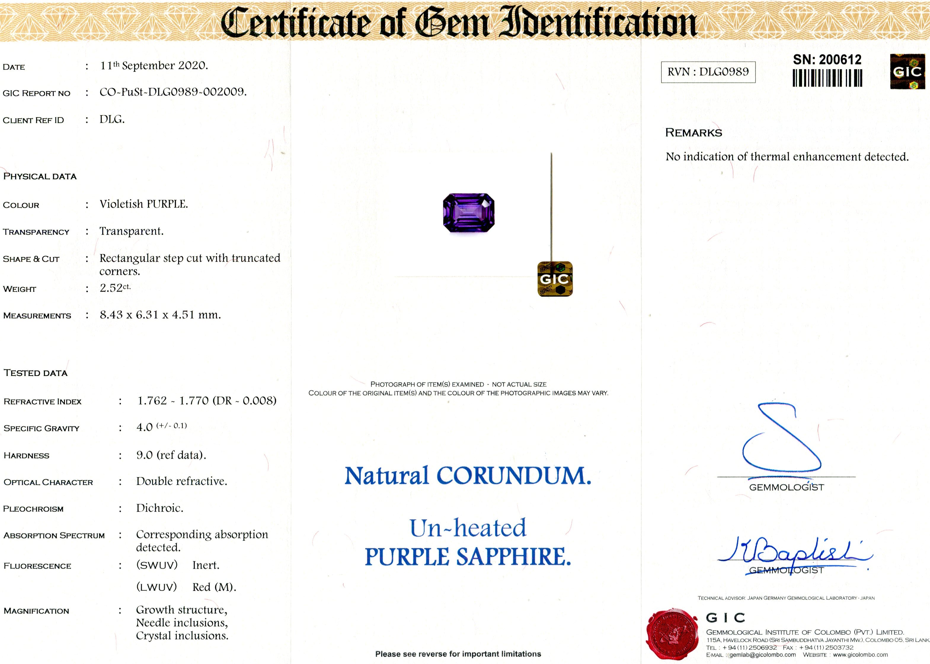 2.52 ct Purple Sapphire Emerald Cut Unheated Ceylon