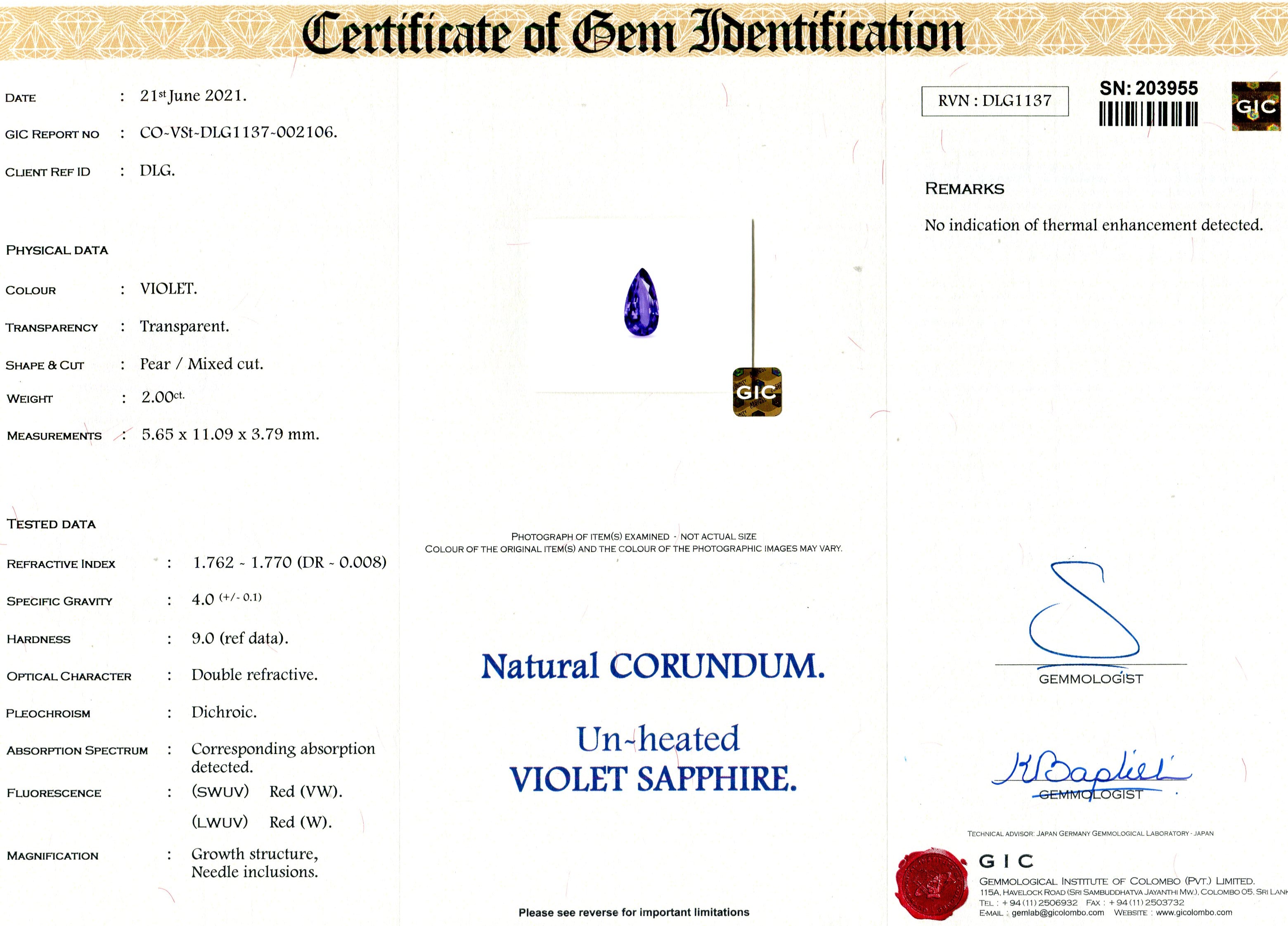 2.00 ct Violet Sapphire Pear Cut Natural Unheated