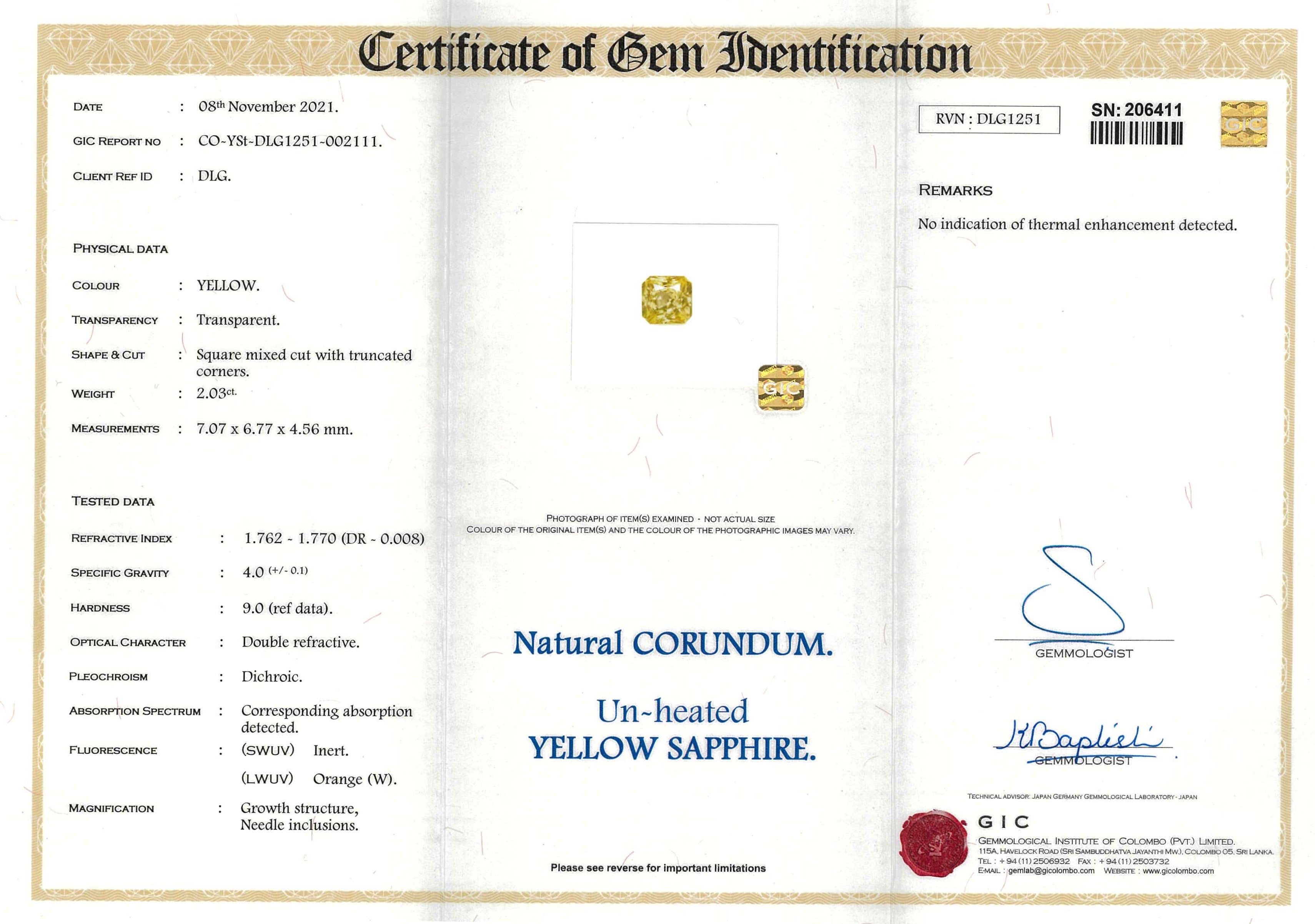 2.03 ct Yellow Sapphire Radiant Cut Natural Unheated