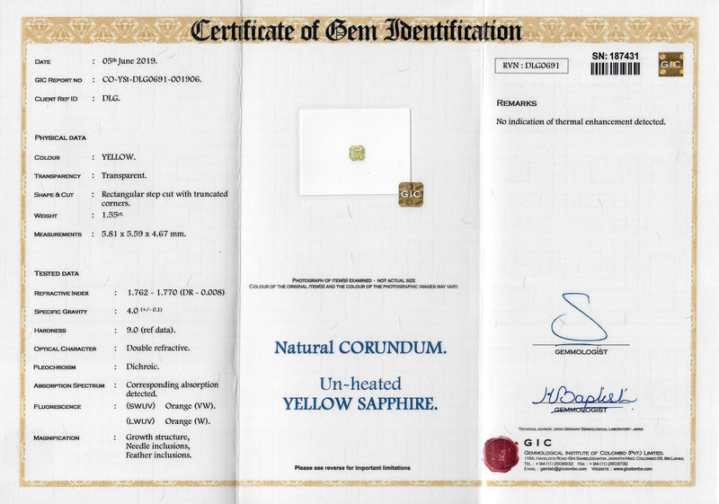1.55 ct Yellow Ceylon Emerald Cut Sapphire Certified Unheated