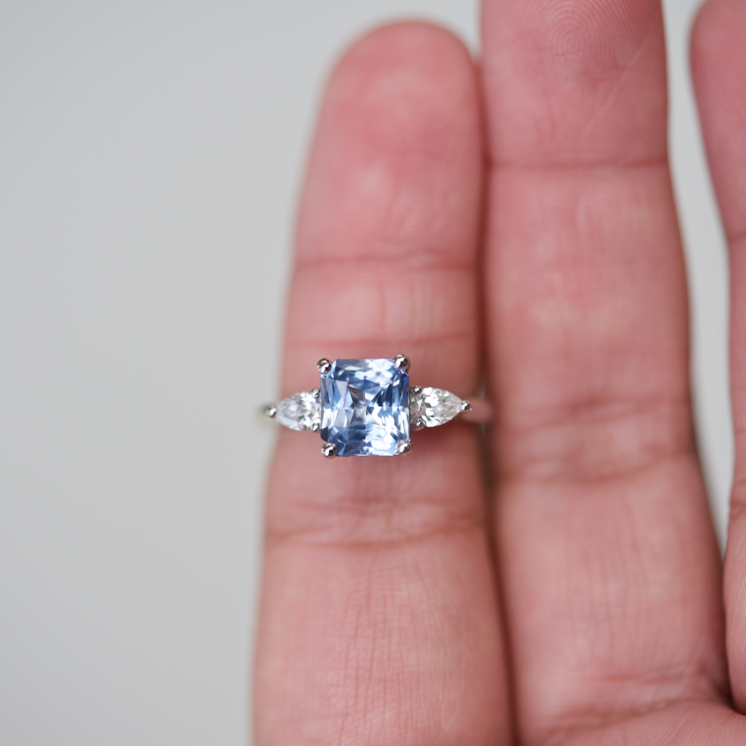 Ceylon Sky Blue Sapphire Diamond Trilogy Engagement Ring