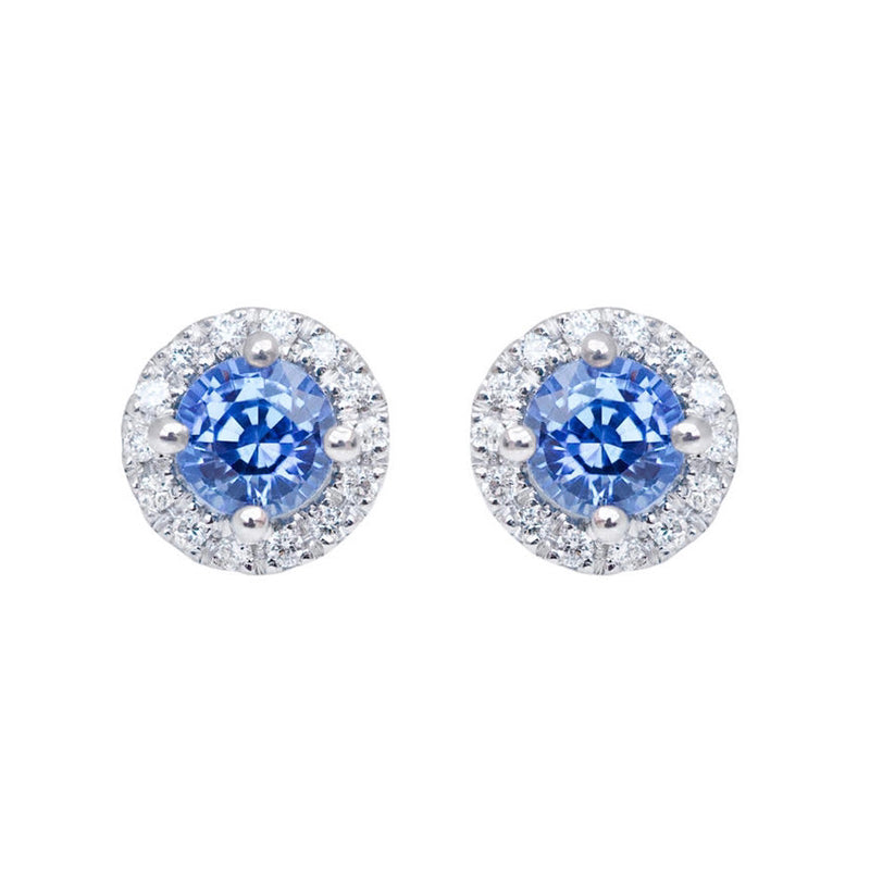 Blue Sapphire Stud Earrings with Diamond Halo 18k Gold