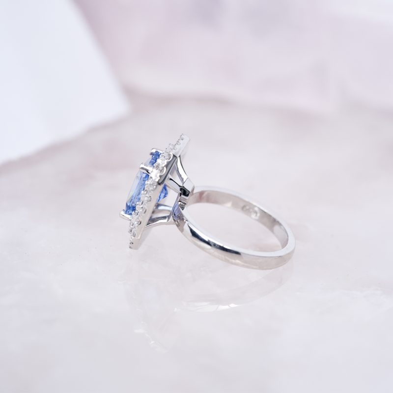 Sky Blue Sapphire Double Diamond Halo Engagement Ring
