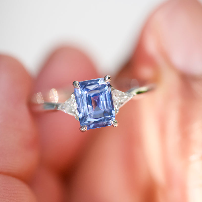 Blue Sapphire Diamond Triangle Trilogy Engagement Ring
