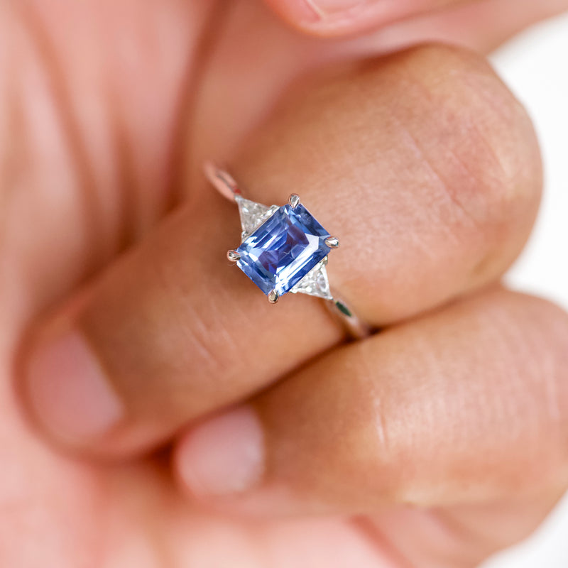 Blue Sapphire Diamond Triangle Trilogy Engagement Ring