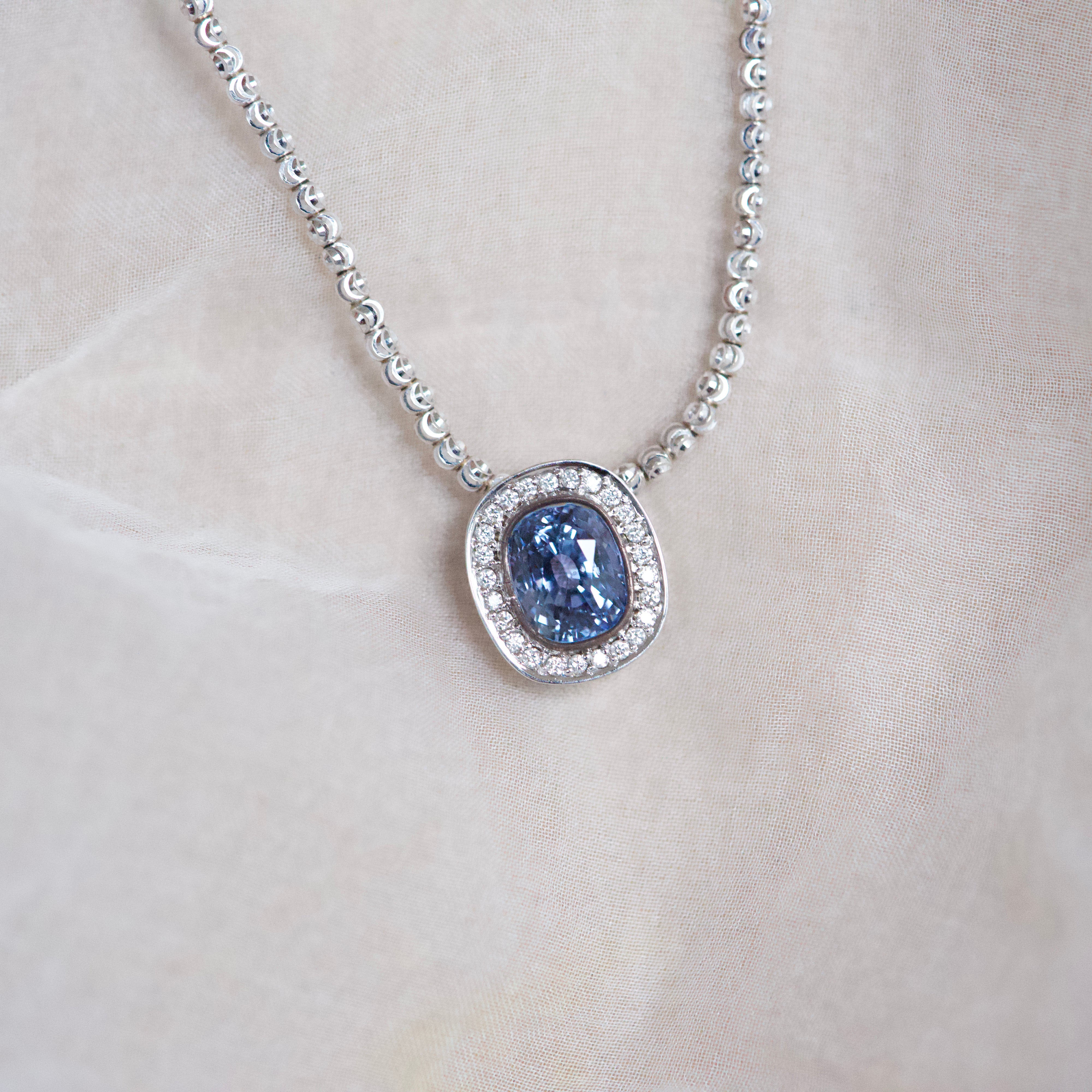 Large Ceylon Blue Sapphire Cushion Diamond Halo White Gold Pendant