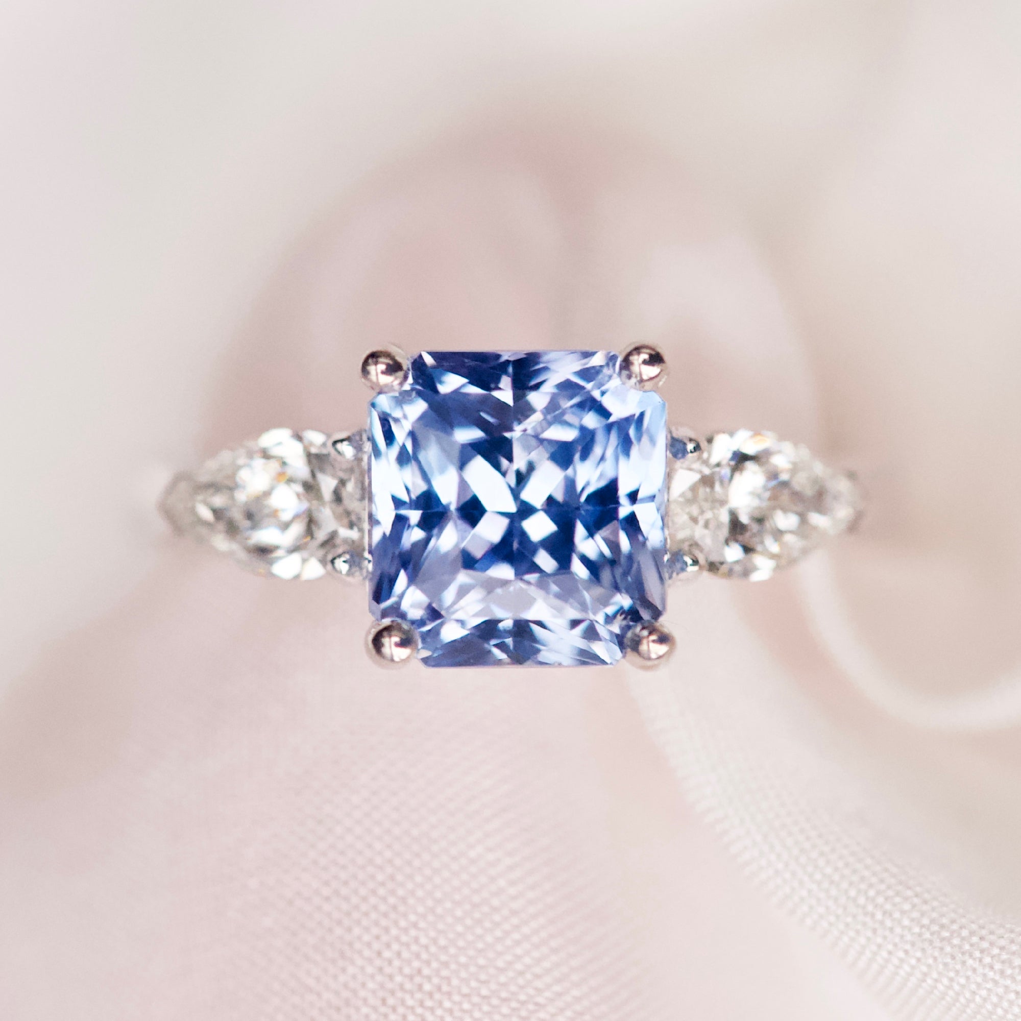 Ceylon Blue Sapphire Trilogy Engagement Ring