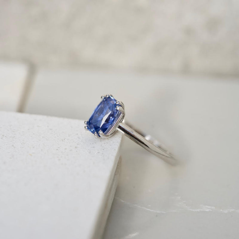 Blue Sapphire Cushion Cathedral Solitaire Engagement Ring