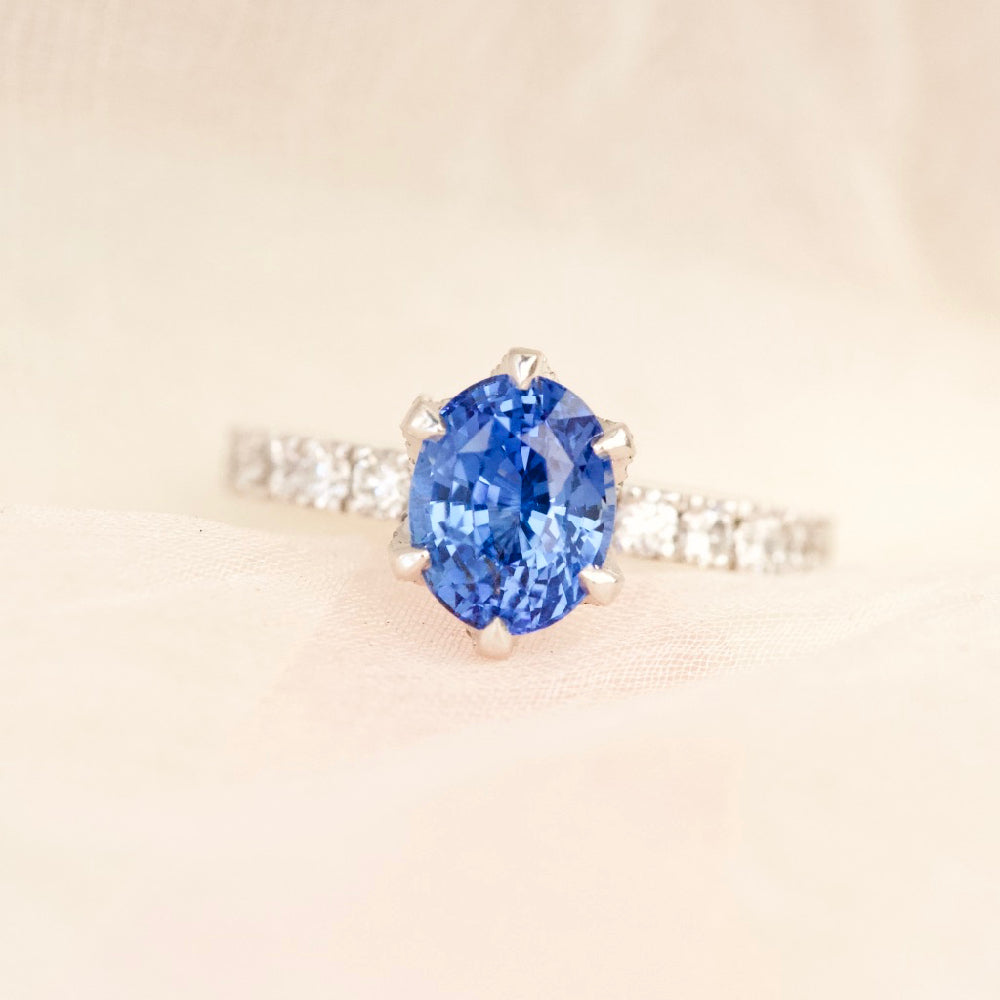 Cornflower Blue Sapphire Engagement Ring Floral Diamond Petals