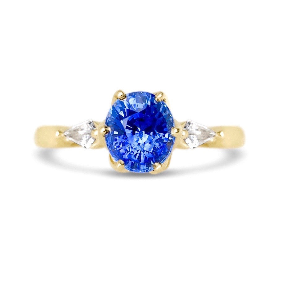 Oval Blue Sapphire Kite Diamond Trilogy Engagement Ring