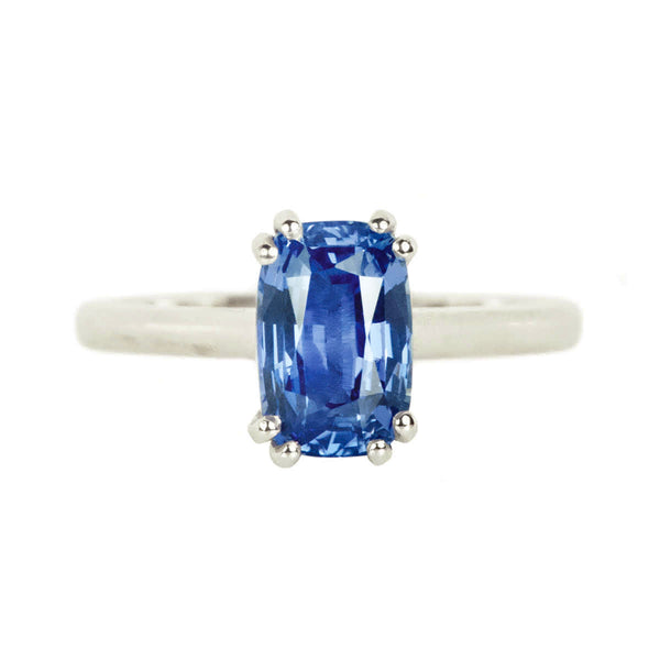 Blue Sapphire Cushion Cathedral Solitaire Engagement Ring