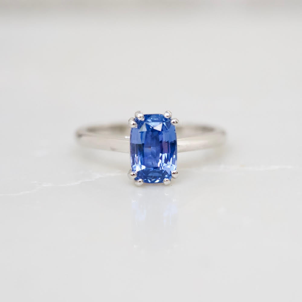 Blue Sapphire Cushion Cathedral Solitaire Engagement Ring