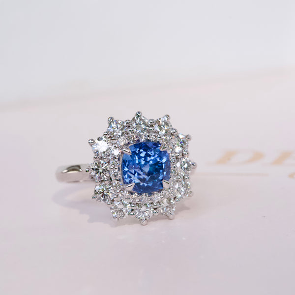 Cushion Blue Sapphire Double Halo Ring