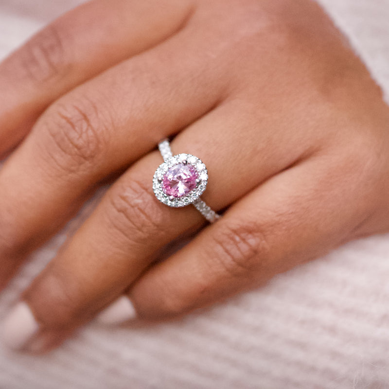 Oval Pink Sapphire Diamond Halo White Gold Ring