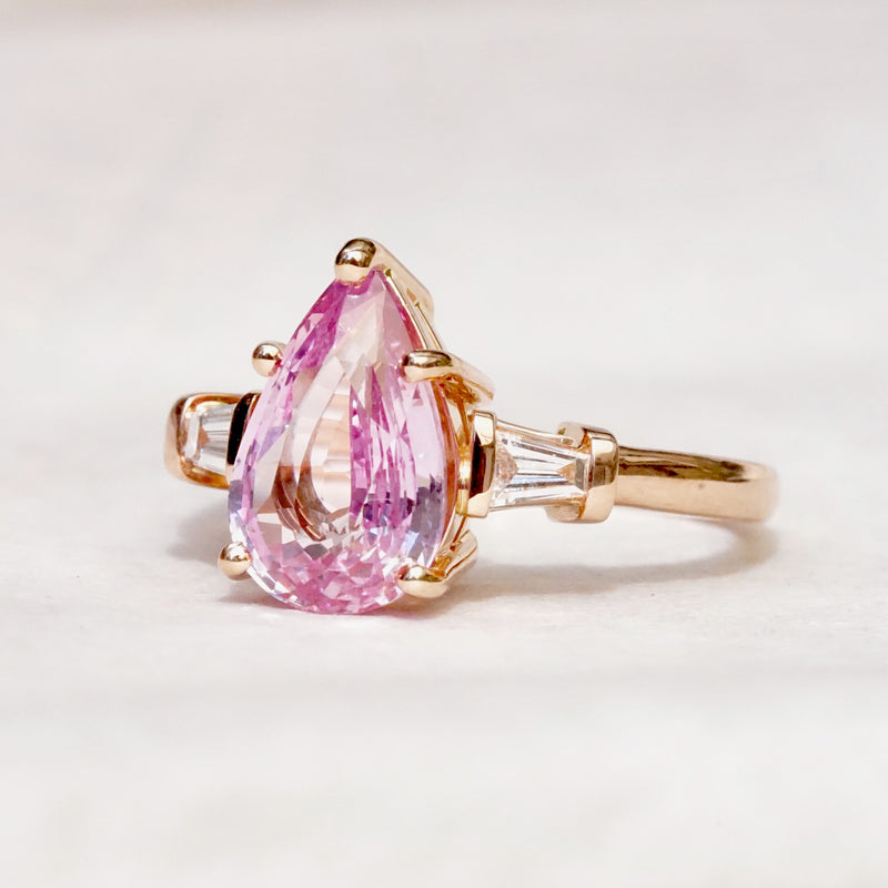 Delicate Rose Gold Peach Sapphire Ring, Pink Sapphire Diamond Ring, Rose Gold Engagement Ring