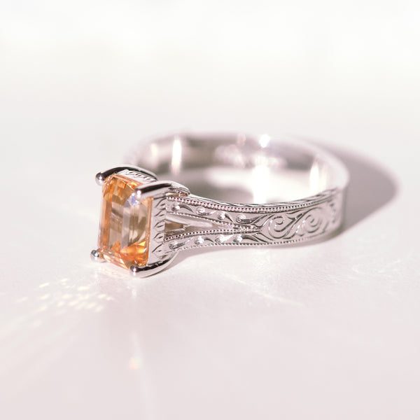 Engraved Apricot Sapphire Engagement Ring