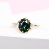 Forest Green Sapphire Diamond Trillion Trilogy Engagement Ring