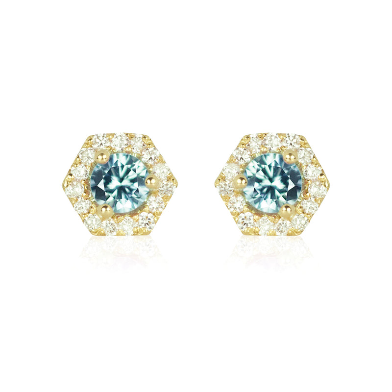 PETRA Mini Green Sapphire Hexagon Diamond Halo Stud Earrings in 18k Gold