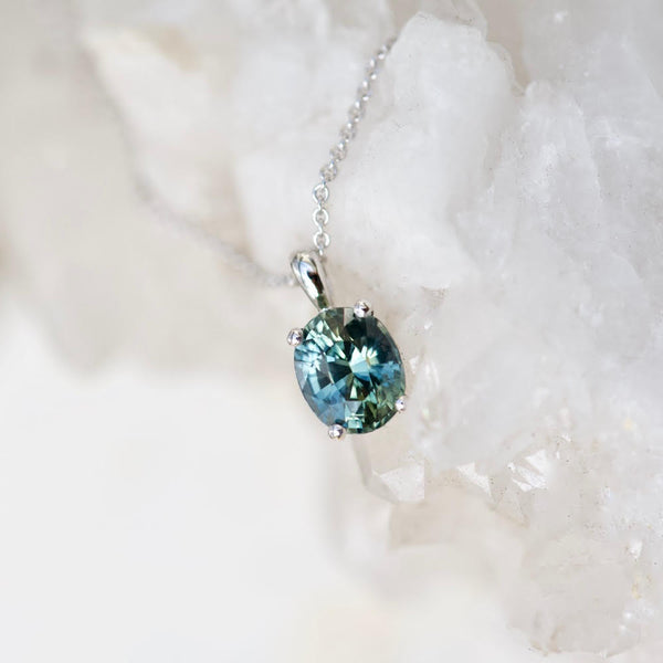 Teal Green Sapphire Oval Solitaire Pendant White Gold