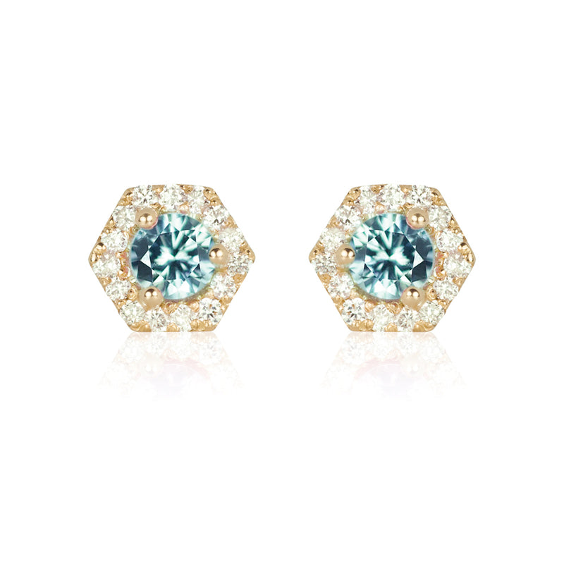 PETRA Mini Green Sapphire Hexagon Diamond Halo Stud Earrings in 18k Gold