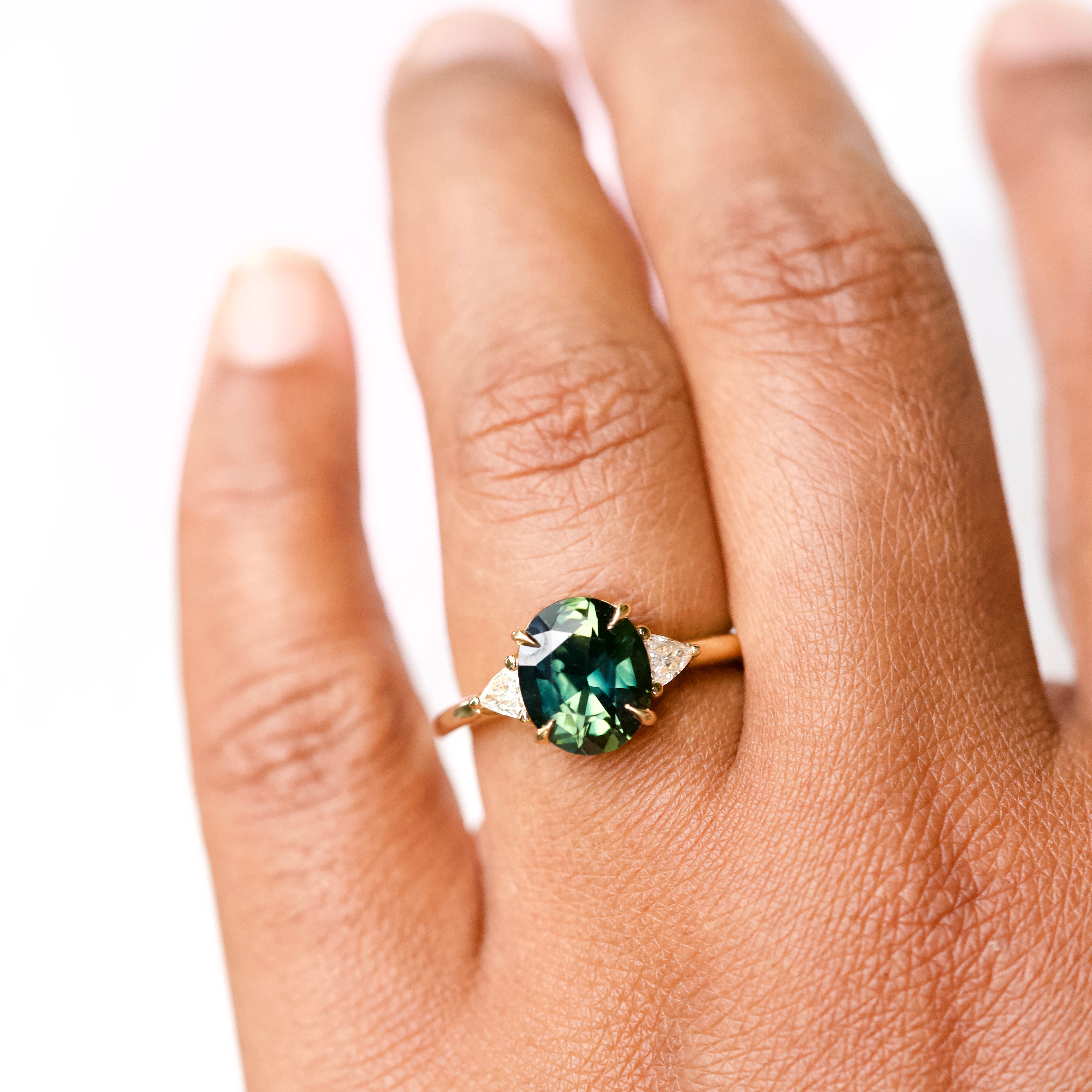 Forest Green Sapphire Diamond Trillion Trilogy Engagement Ring