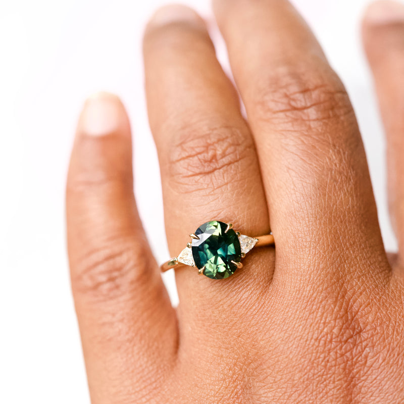 Bright Blue Green Sapphire & Diamond Halo Engagement Ring 18K White Gold