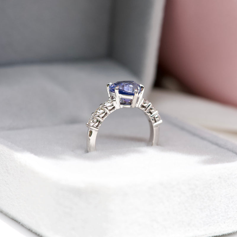 Cornflower Blue Sapphire Heart Diamond Band Engagement Ring