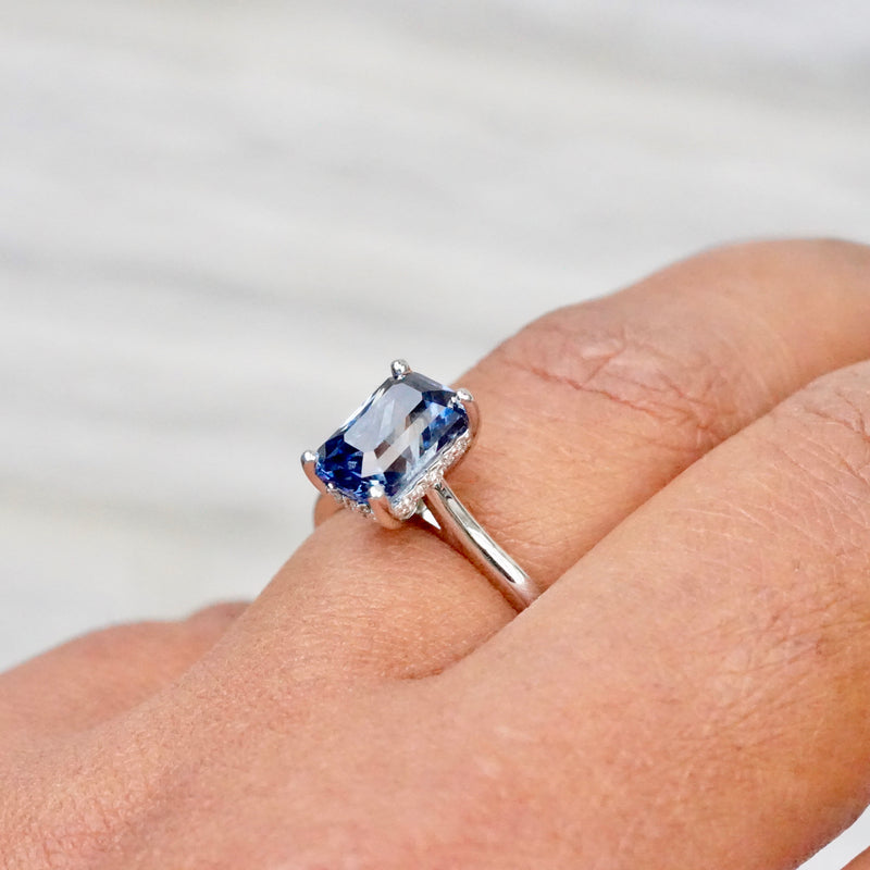 Blue Sapphire Engagement Ring Solitaire Hidden Halo
