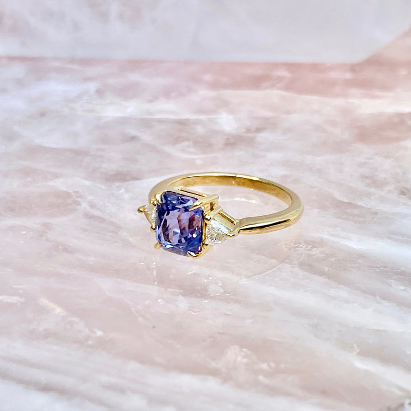 Lavender Violet Blue Sapphire Trilogy Yellow Gold Ring