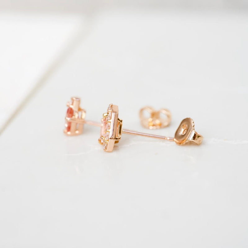 Peach Sapphire Diamond Rose Gold Stud Earrings