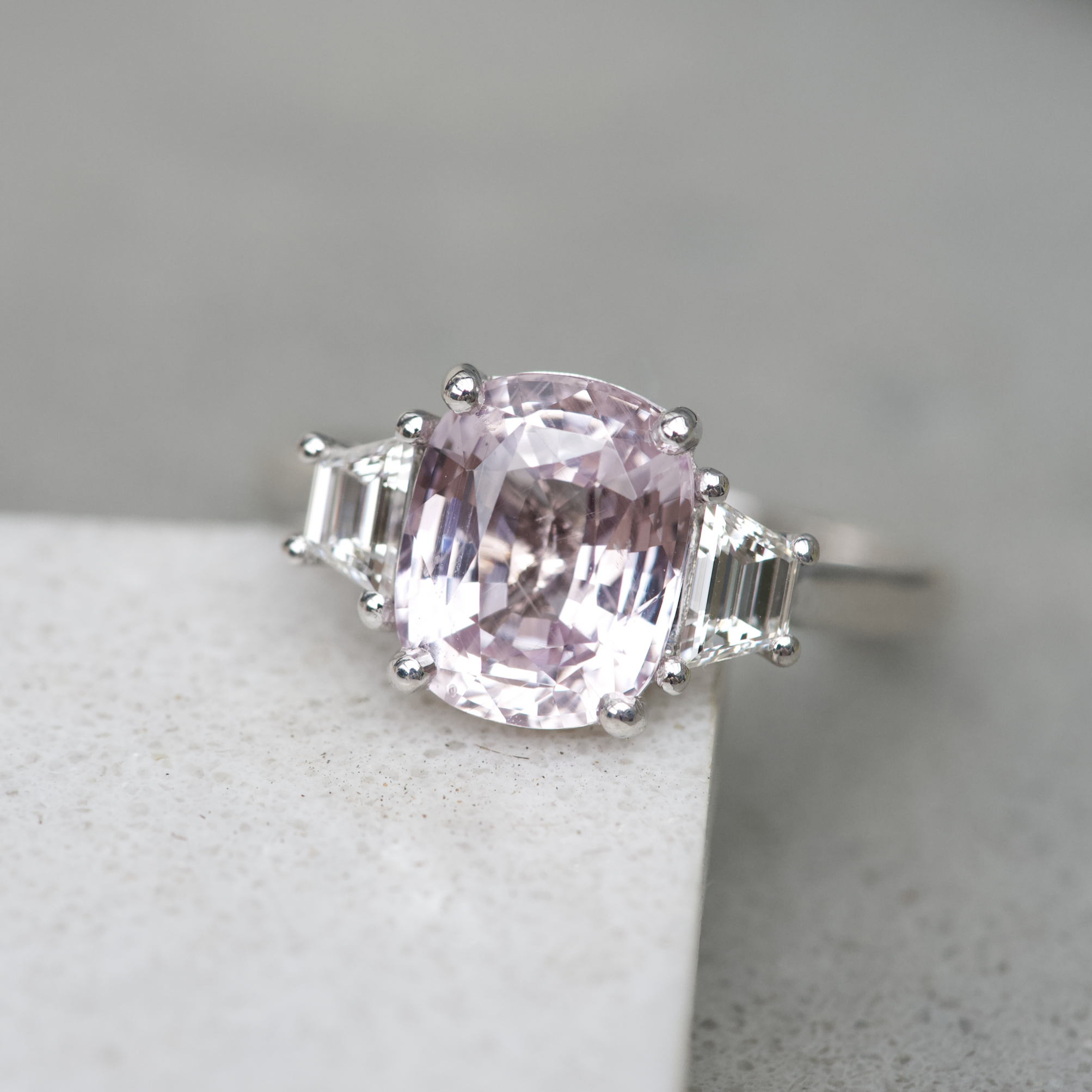 Pastel Pink Sapphire White Gold Trilogy Ring