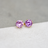 Purple Sapphire Round Yellow Gold Stud Earrings