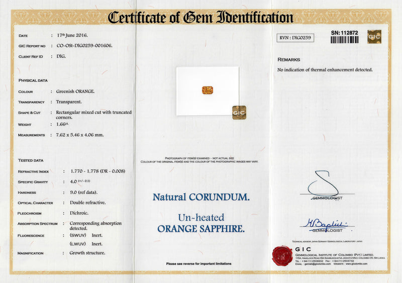 1.66 ct Orange Natural Unheated Sapphire certificate
