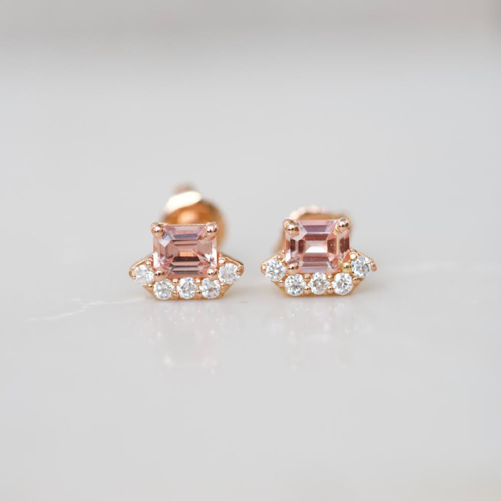 Peach Sapphire Diamond Rose Gold Stud Earrings