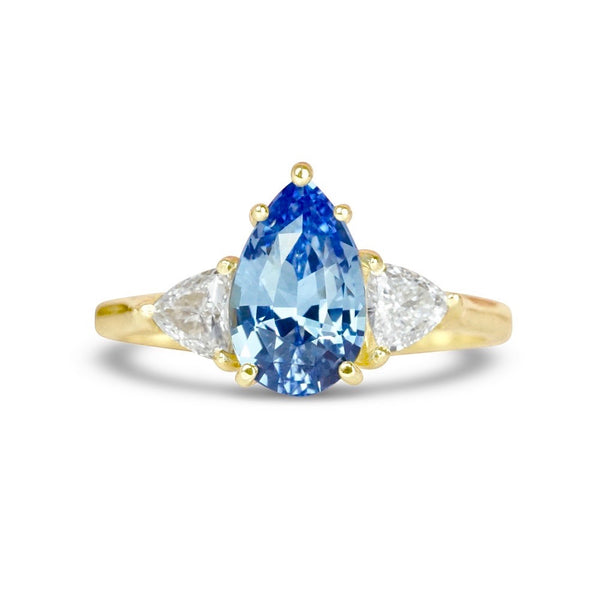 Pear Blue Sapphire Trillion Trilogy Yellow Gold Engagement Ring