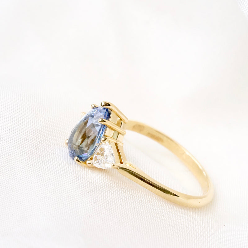 Pear Blue Sapphire Trillion Trilogy Yellow Gold Engagement Ring