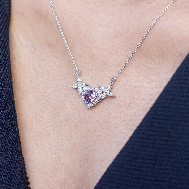 Pink Heart Sapphire Diamond White Gold Necklace
