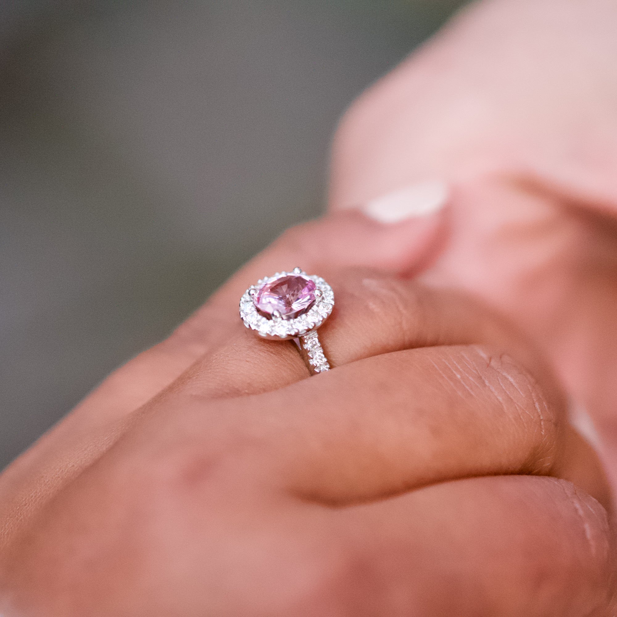 Oval Pink Sapphire Diamond Halo White Gold Ring