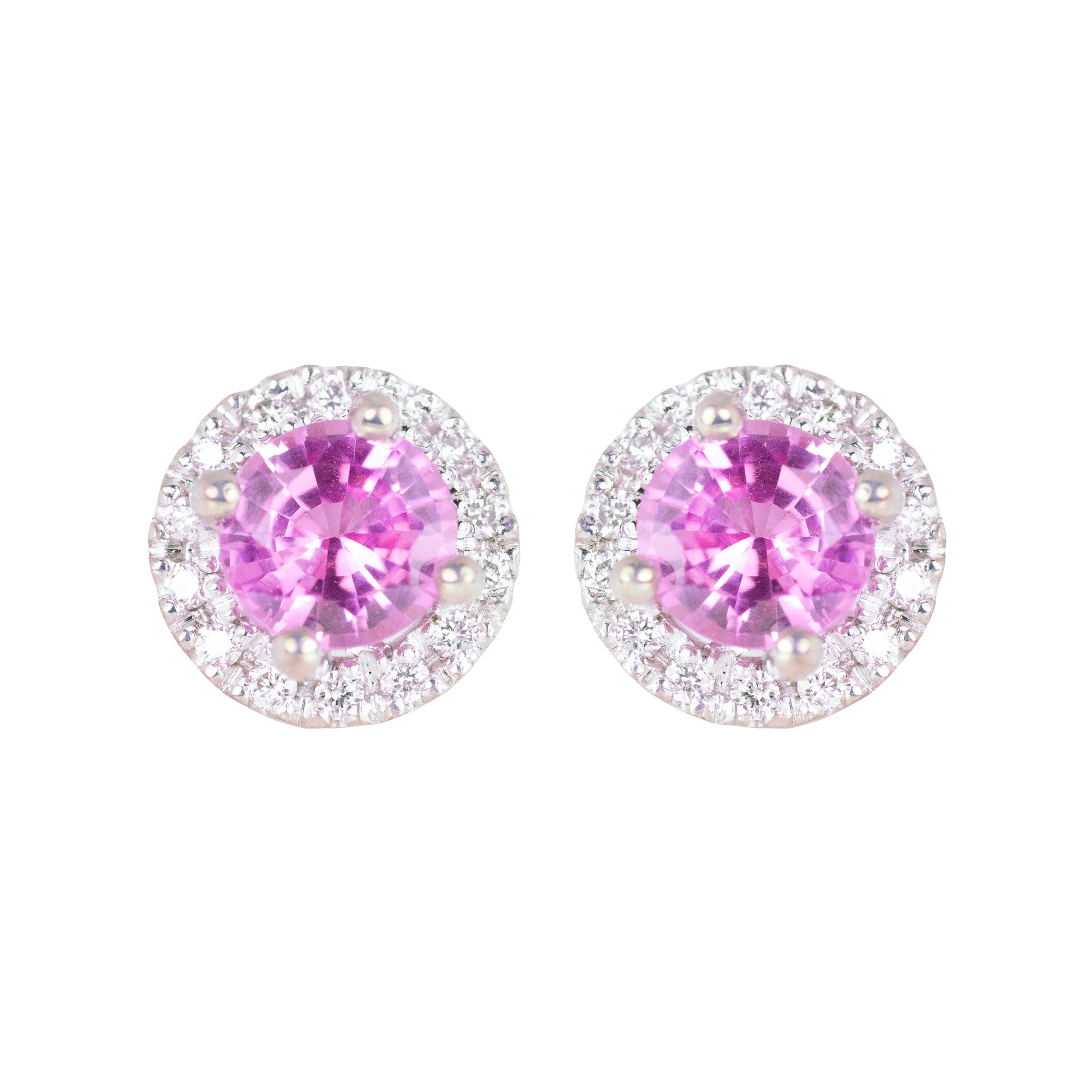 Pink Sapphire Stud Earrings  Diamond Halo 18k Gold